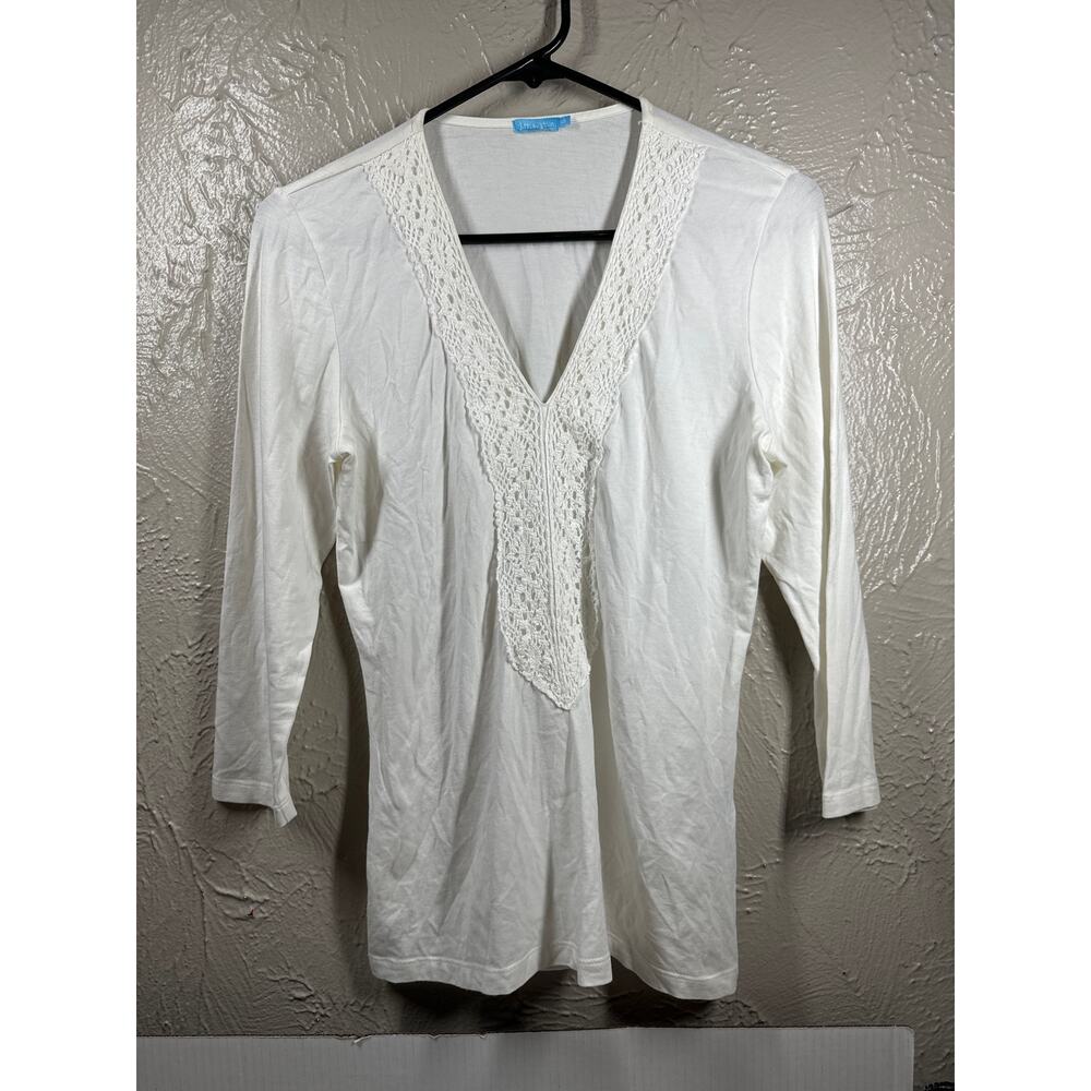J Mclaughlin White Ivory V Neckline Crochet 3/4 Sleeve Top Shirt Womens Size‎ XS
